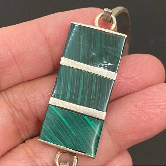 Vintage Silver-tone Malachite Bangle Bracelet - Picture 10 of 11
